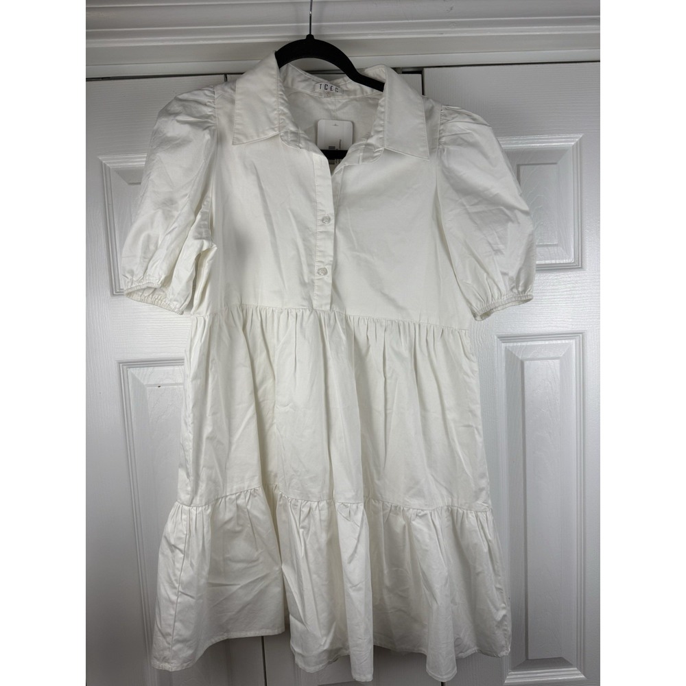 TCEC White Puff Sleeve Collared Mini  Button Up Dress 100% Cotton Size Large NWT